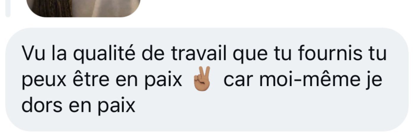Message d'une cliente qui écrit qu'avec la qualité du travail fourni, elle dort en paix