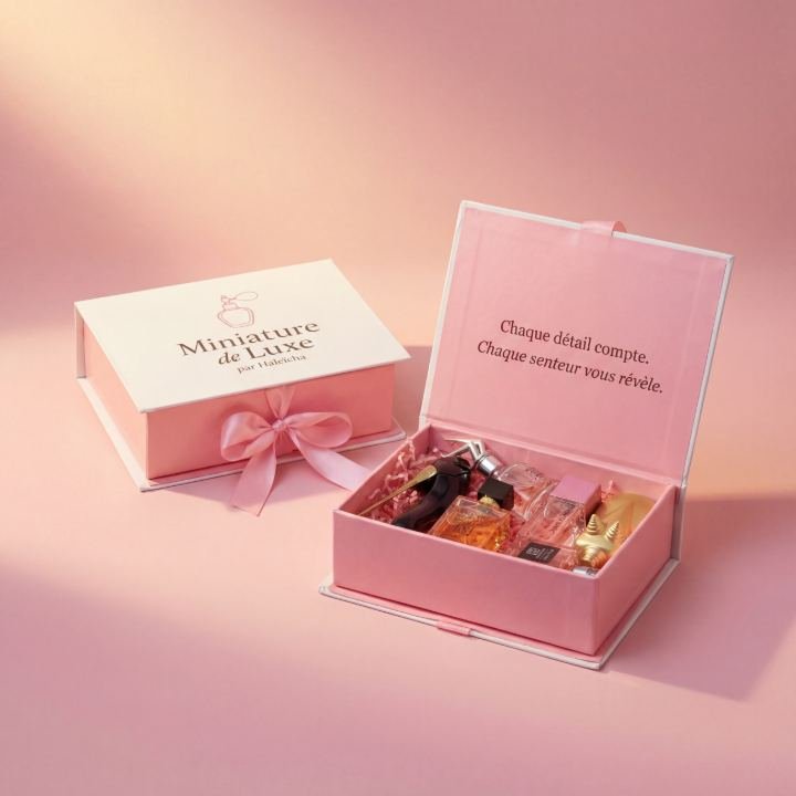 Coffret rose de miniatures de parfum ouvert sur fond rose