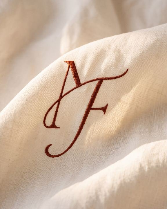 Monogramme brodé en fil rouille sur un tissu crème