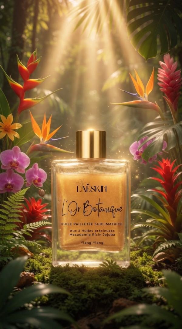 Avant : ancien visuel du flacon L'Or Botanique de Laëskin entouré de fleurs tropicales