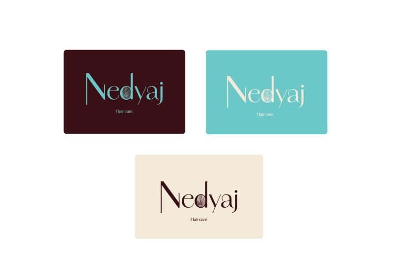 Trois déclinaisons du logo Nedyaj sur fonds bordeaux, turquoise et crème