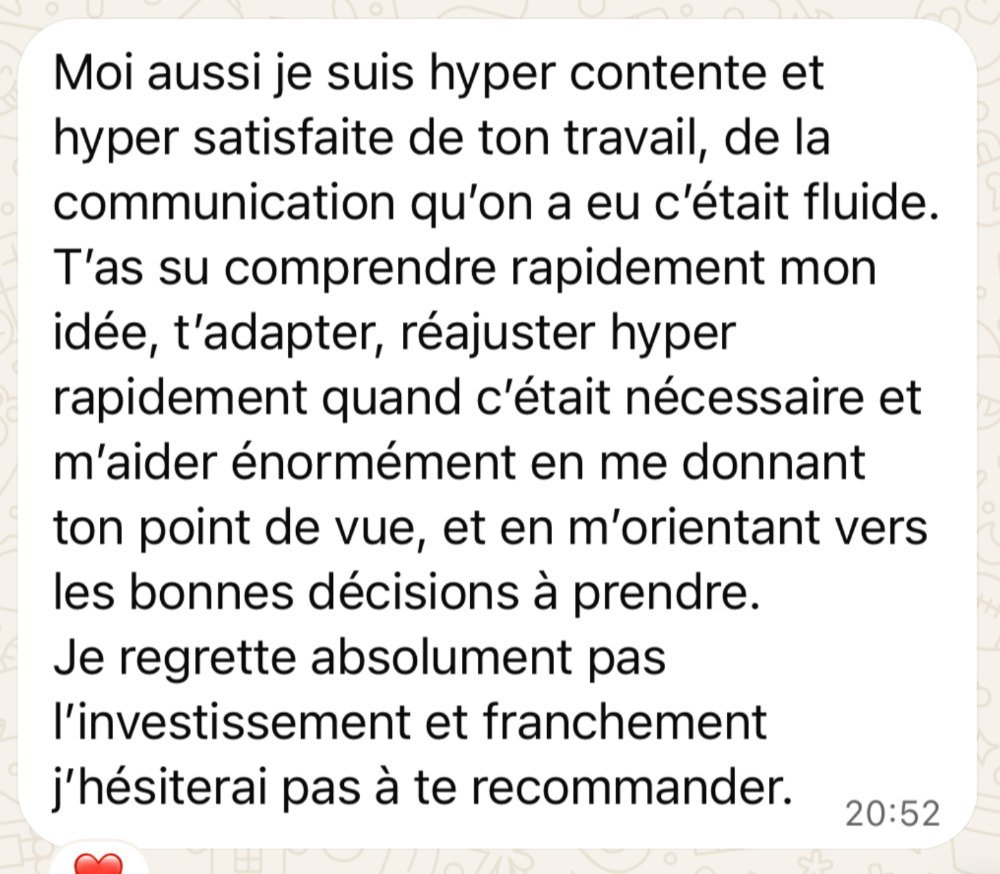 Message de la fondatrice de Nedyaj, satisfaite du travail et d'une communication fluide, qui ne regrette pas l'investissement et recommanderait Noa