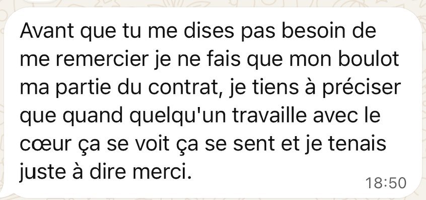 Message de la fondatrice de SLIMGLOSS qui tient à remercier Noa pour un travail fait avec le cœur